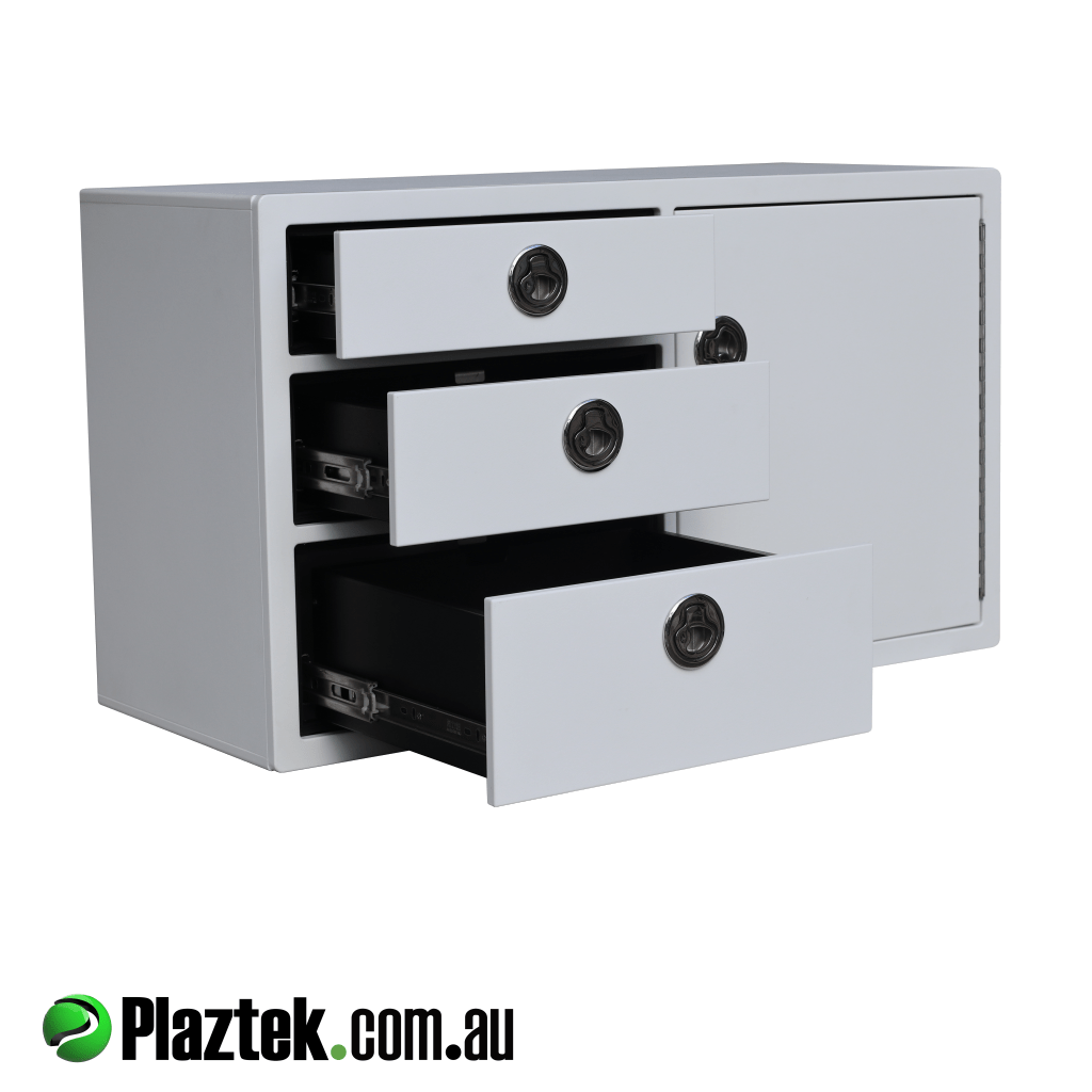 Plaztek tackle soultions shown with the 3 drawers open and running on SS ball bearing slides. Made in Australia.