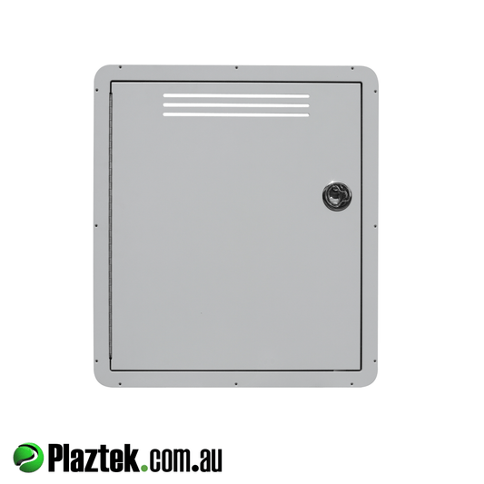 Plaztek hatches can be made to order like this one with air vents on top of the door. Made in Australia
