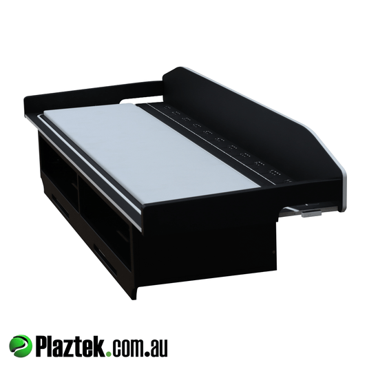 Plaztek filleting, cleaning table is available as a table or pictured here with an open void storage section to stow knifes, brushers and the like. Made with King StarBoard
