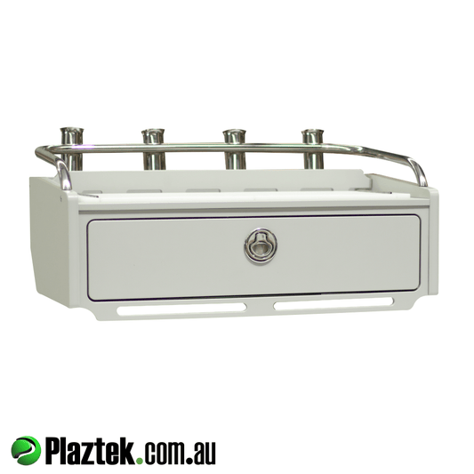 Plaztek SS 4 rod holder is shown installed on the 700mm bait board. With it's low sides this makes it easier when fielting your catch keeping it on the bait board. Made in Australia.