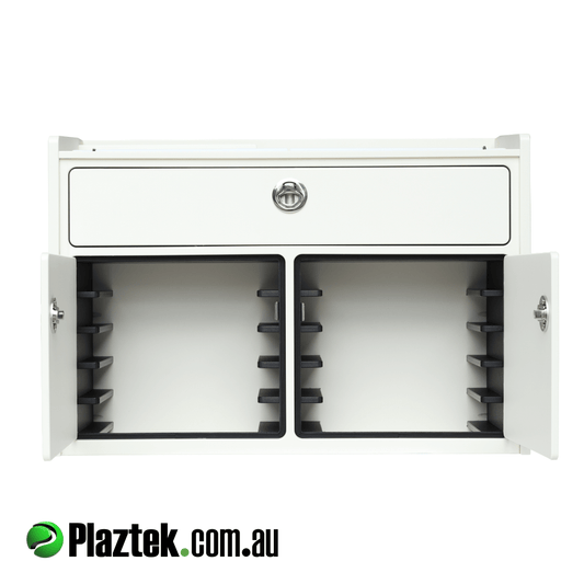 Bait Board made from King StarBoard holds 10 Plano Tackle Trays and includes a single drawer with defrost bin under cutting board