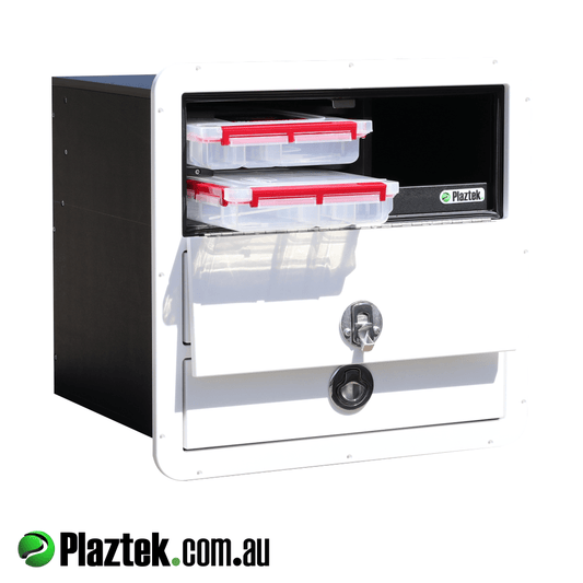 Plaztek 2 drawer & tackle storage combo. SS no locking latch has been installed. Top door open showing the Plano trays. Made in White/White King StarBoard. 