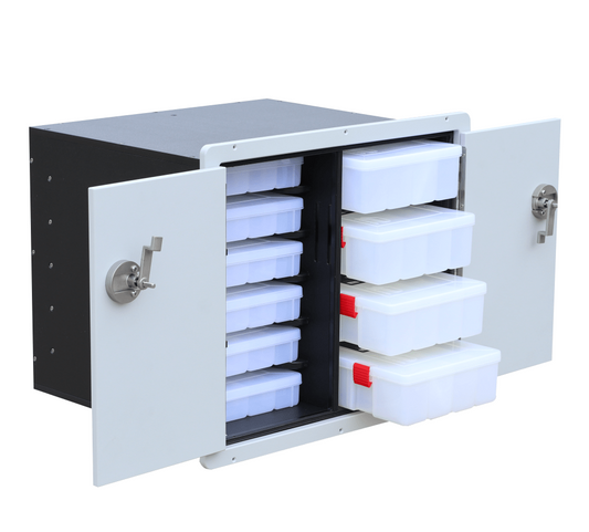 Plaztek custom tackle storage needs. Hold 10 Plano tackle trays in total. Made in Dolphin Grey King StarBoard.