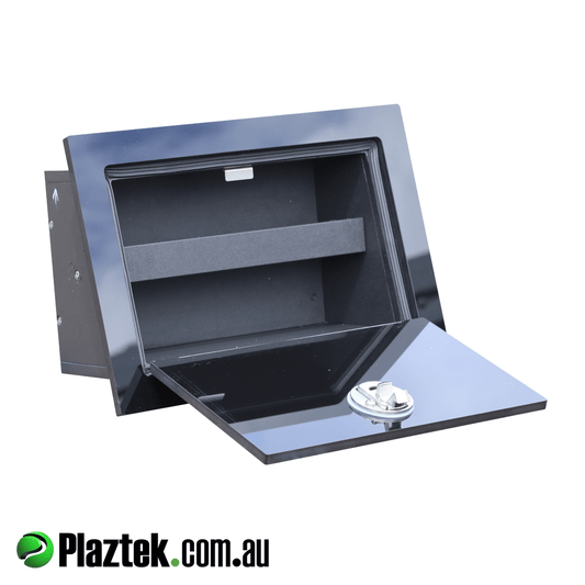 Plaztek glove shown with door open and landing shelf to stow items like keys, and phones. Made in Queensland Australia