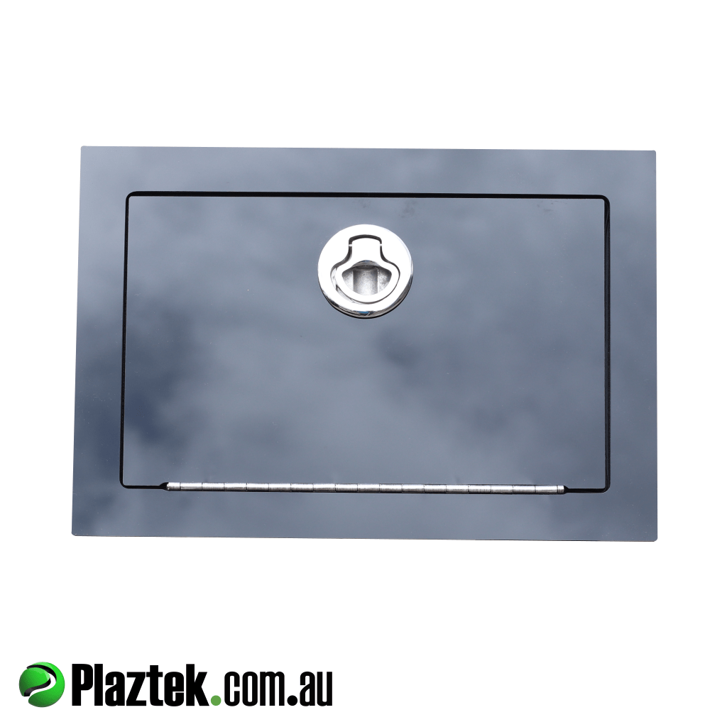 Tinted black Acrylic glove box with ss non locking latch.  Can be mounted on a dash panel or center console. Made in Australia