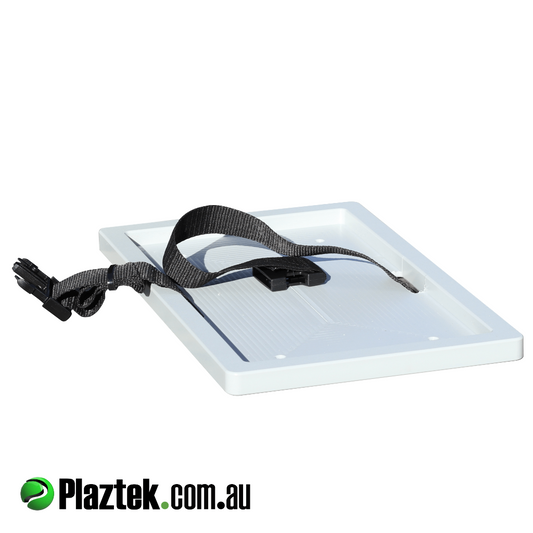 Plaztek battery box showing the machined 19mm King StarBoard for the box location of the box. Strap goes under the tray securing the top of the box in. Made in Dolphin Grey King StarBoard