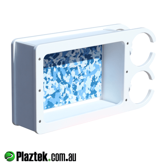Plaztek console or dash storage for your boat, holds 2 drinks in front storage and open area for wallet, keys, sunglasses and the like, made from King StarBoard pictured in white white colour