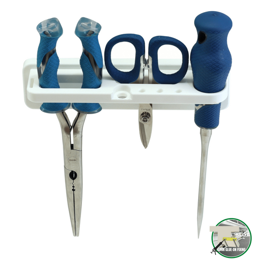 Plaztek Cuda fishing tool holders have 3 provisions to hold longnose pliers, braid scissors and brain spike. Made in Australia.