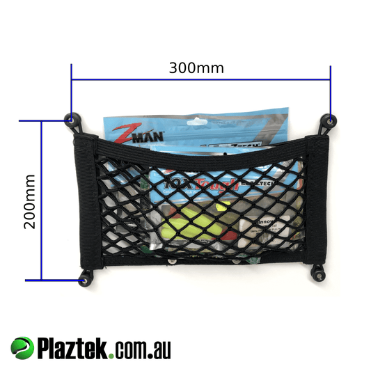 Plaztek heavy duty black Storage Nets for soft plastic lures, leader spools and all sorts of ziplock bag storage. Size 200mm high x 300mm wide