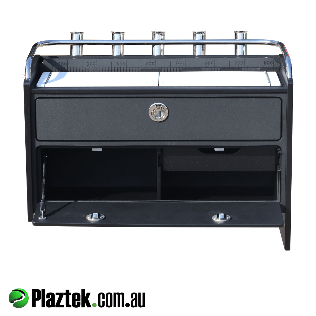 Bait board combo has storage under the bottom single drawer. Inside this section we have another single smaller drawer. Made in Australia.