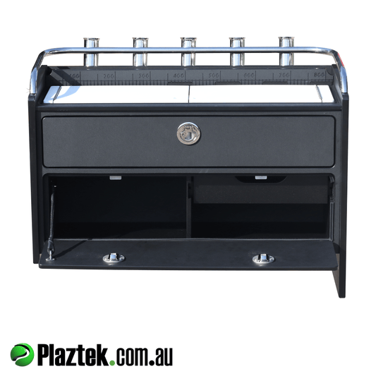 Bait board combo has storage under the bottom single drawer. Inside this section we have another single smaller drawer. Made in Australia.