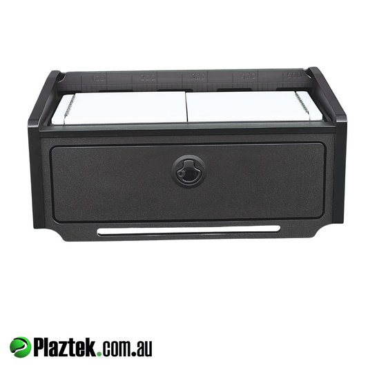 Plaztek bait board has a single drawer and ruler running across the rear of the board. Made in Australia.
