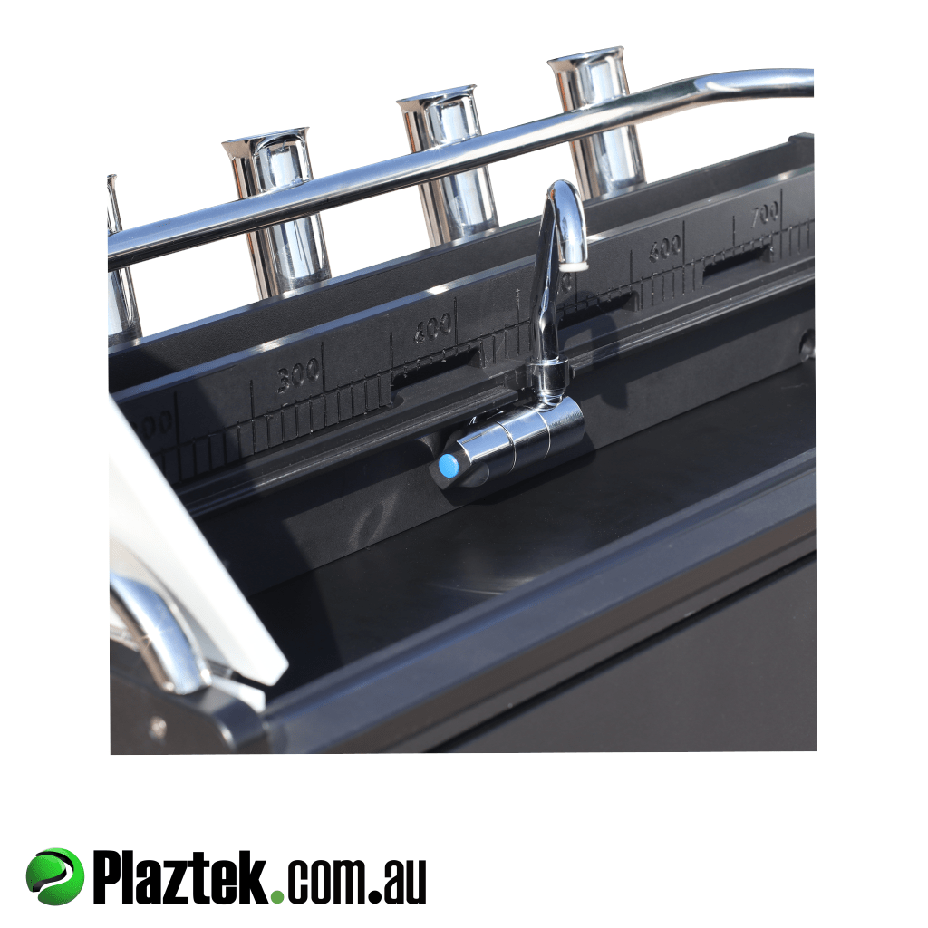 Plaztek Bait board has had a folding tap installed. This is then plumbed into the rear gutter. SS rod holders have also been installed and is an extra option. Made in Australia