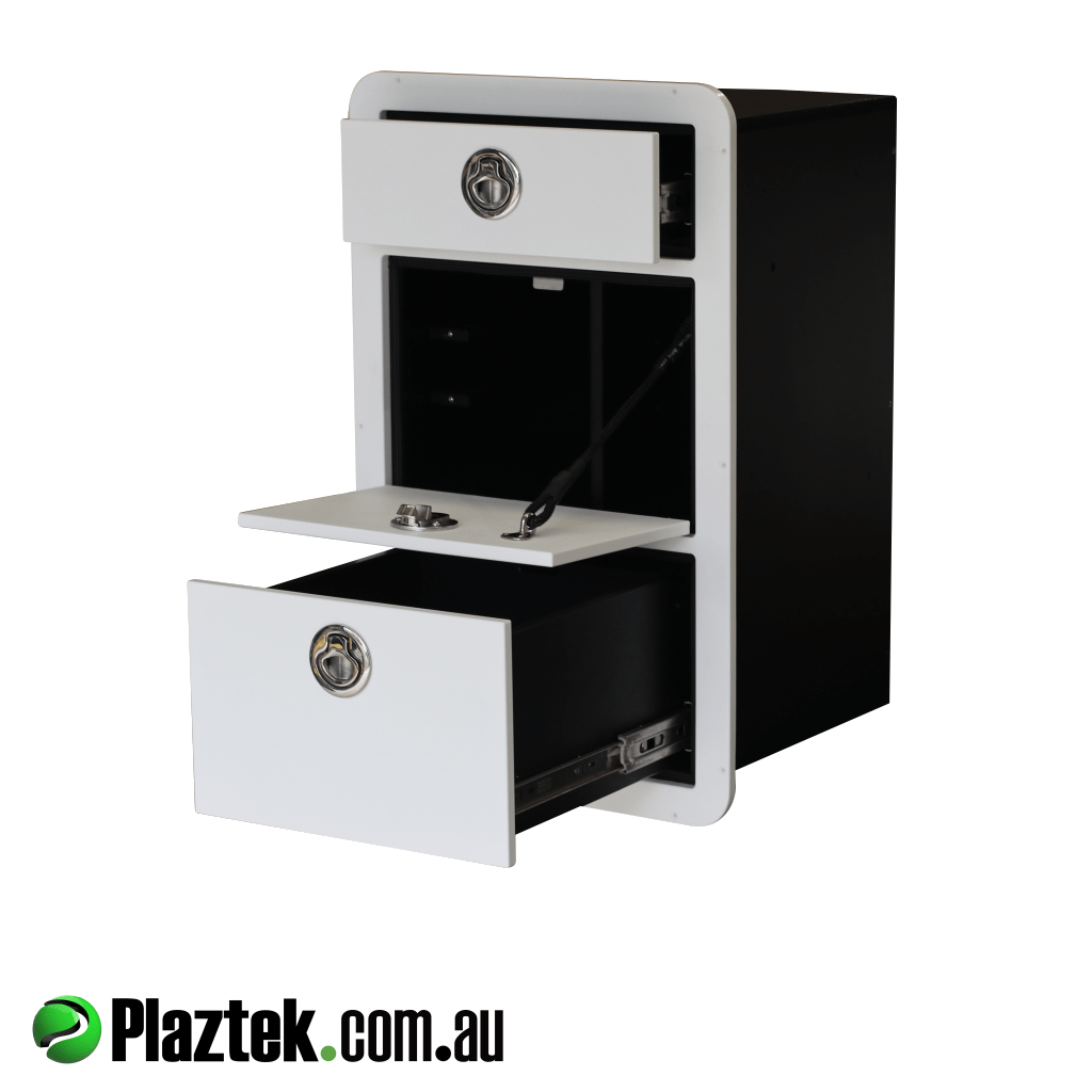 Plaztek boat drawers with tackle tray storage. Middle section holds the trays with the door opening at 90dec acting as a shelf. Made in White/White King StarBoard 