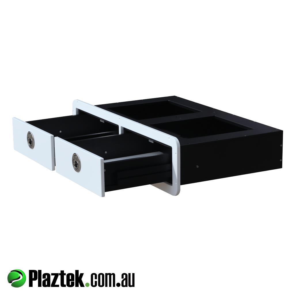 Plaztek 2 drawer shown with the two drawers open with our in-house design Maintenance Free drawer slides. Made in Australia