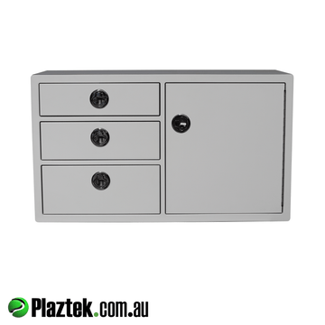 Plaztek combo cabinets are a mix of drawers and tackle tray storage. Made in Australia.