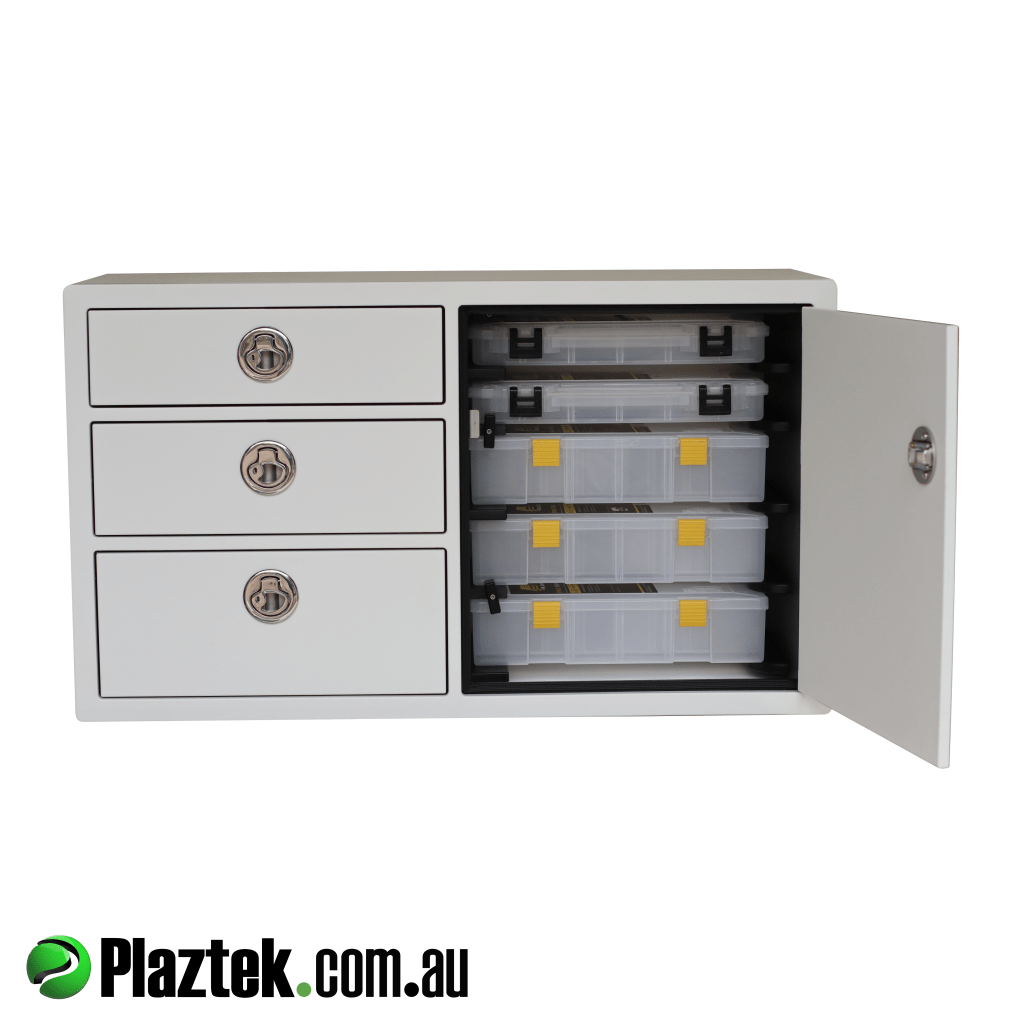 Plaztek tackle tray and drawer combo holds 3 x deep trays and 2 x std trays. We can manufacture to suit the trays you have . Made in King StarBoard.