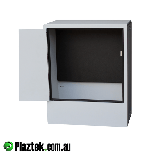 Plaztek boat electrical box shown with door open looking at the back of the cabinet. Made in Australia.