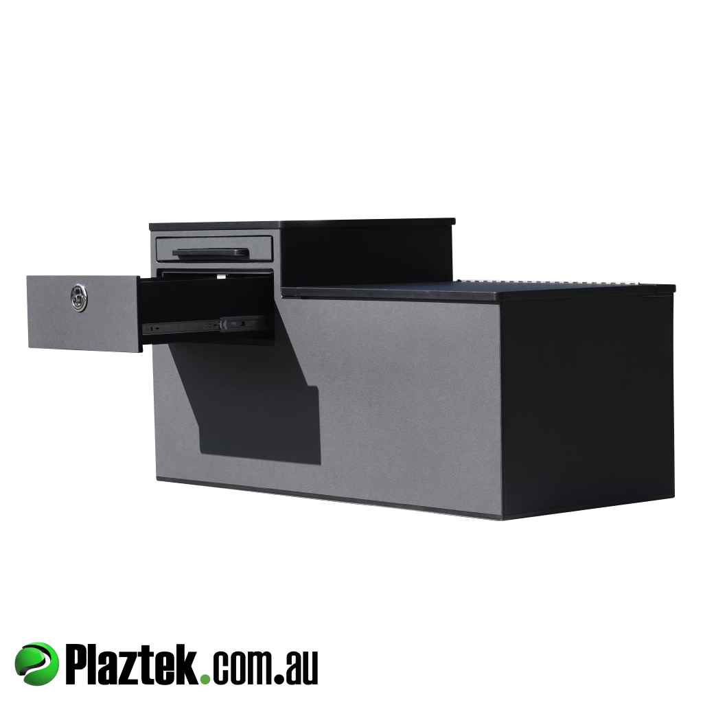 Plaztek boat seat box and cooler has a single drawer for stowing tools and the like. Made in black King StarBoard