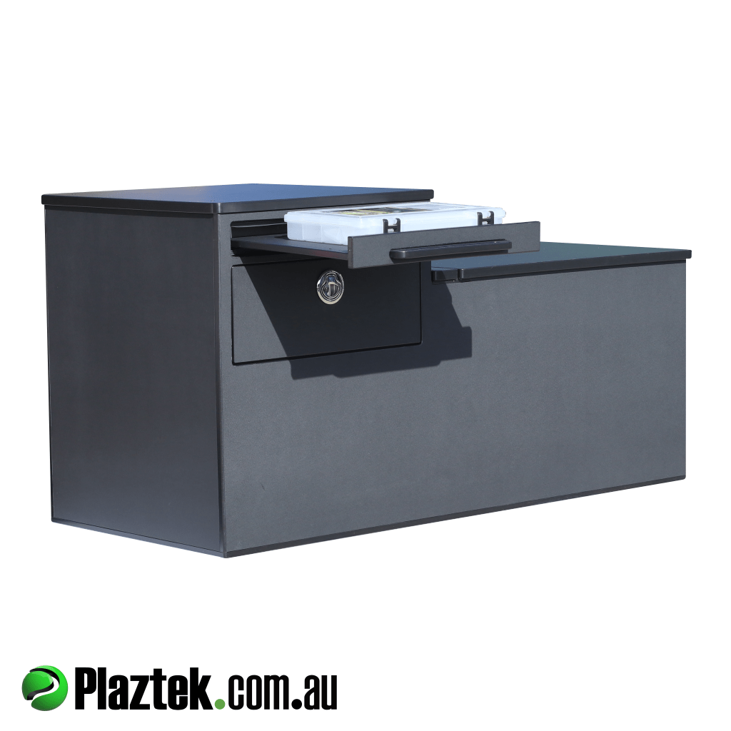 Plaztek boat seat box and cooler has a pullout landing shelf ideal for sitting your tackle tray on or serving up some food. Made in Australia.