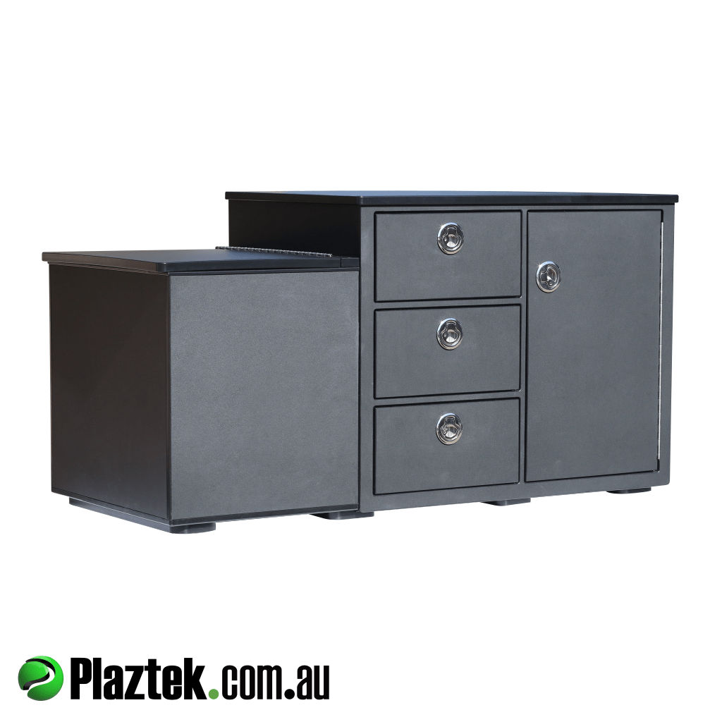 Plaztek boat seat box has a 41L fridge frezzer 3 drawers and open void storage. Made in Australia