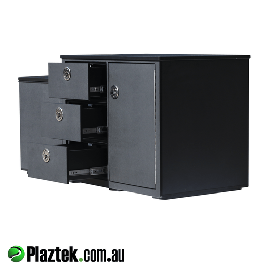 Plaztek seat boxes are a grate combo on any boat. Having a fridge and tackle storage all in one product. Made in black King StarBoard