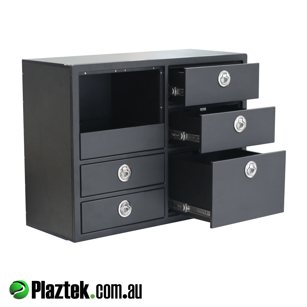 Plaztek 5 drawer with pull out landing shelf runs on SS ball bearing slides holding around 90kg per drawer. Made in Australia.