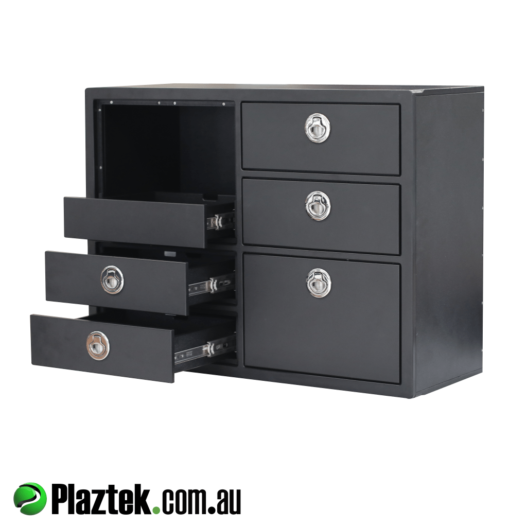Plaztek SAL (Standalone) can be fixed to the floor by removing the drawers to access the base. Made using Black King StarBoard.