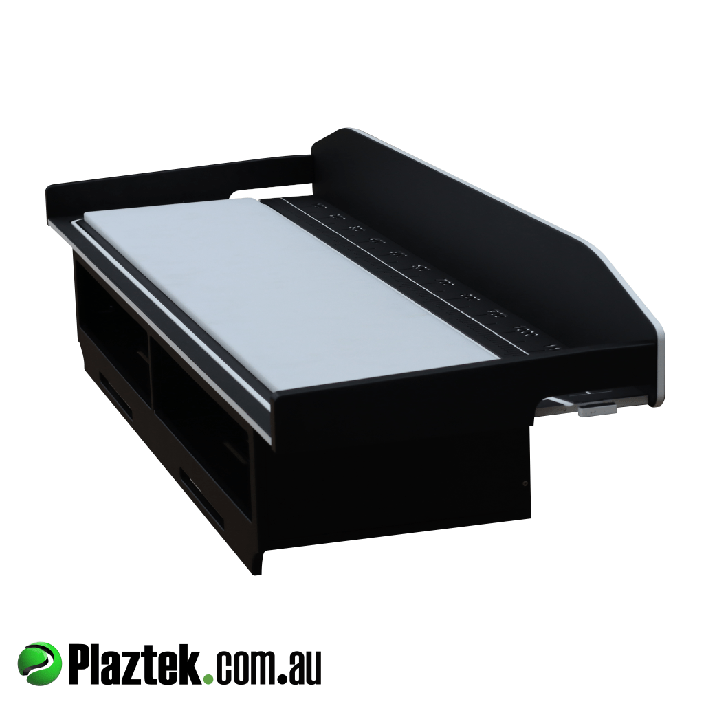 Plaztek filleting, cleaning table is available as a table or pictured here with an open void storage section to stow knifes, brushers and the like. Made with King StarBoard 