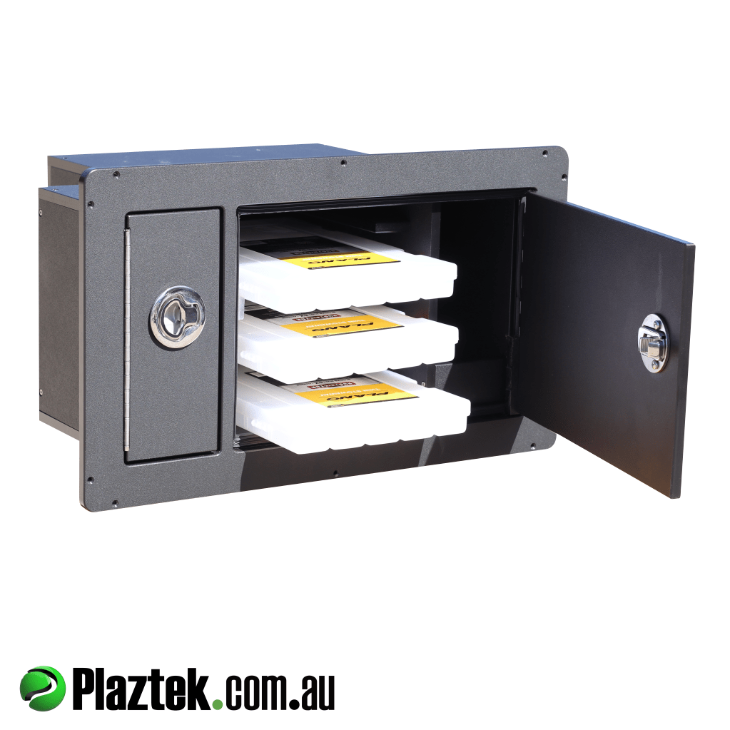 Plaztek tackle cabinet will hold 3 x Plano 3700 Series STD trays. Open void to the right hand side offers even more storage. Mad in Australia.