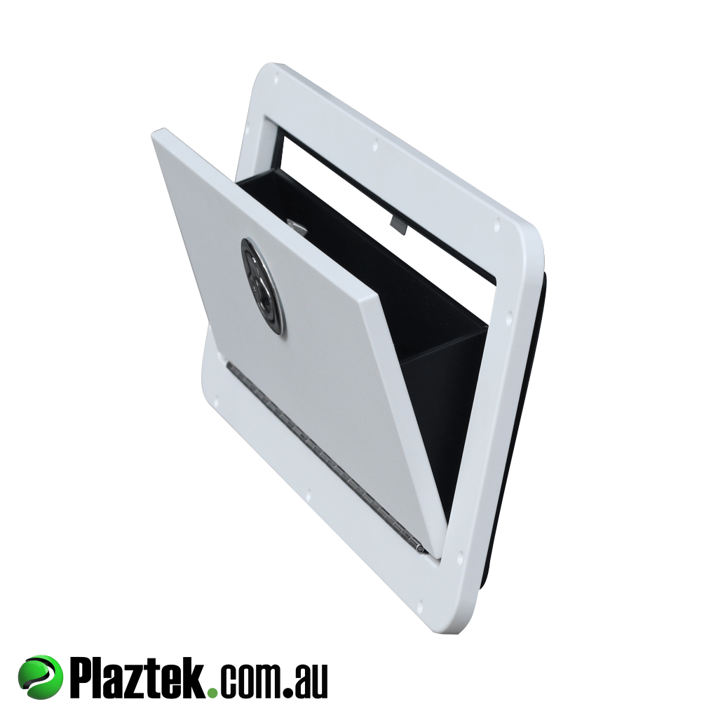 Plaztek tilt-out glove box closes onto marine grade foam rubber seal. Made in King StarBoard
