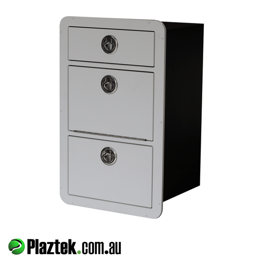 Plaztek tackle drawer and tray storage has SS ball bearing slides and latches. Made in Australia.