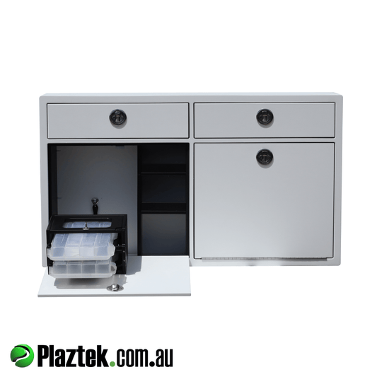 Plaztek cabinet has two equal bays  for storage. Both bays have a single drawer and tilt out tackle tray storage behind the drop down doors. Made in Australia using King StarBoard.