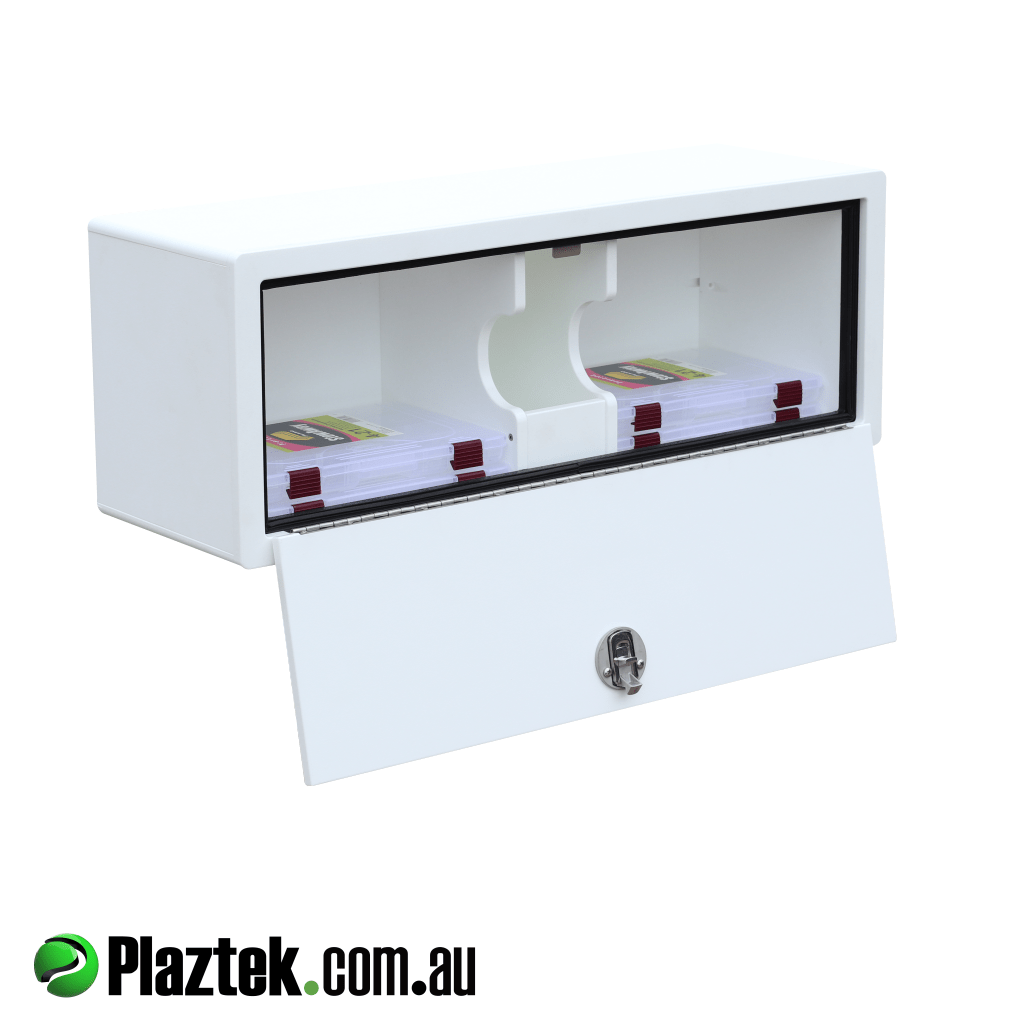 Plaztek tackle tray SAL shown with the door open showing the tackle trays and middle open void. Made in Australia.
