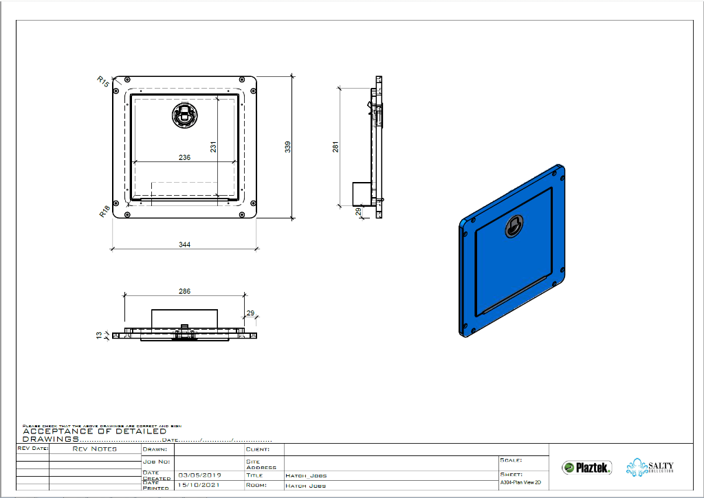 Custom Off Road Camper Hatches and locker doors by Plaztek, drawing for cut-out size hatch 286Wx281H