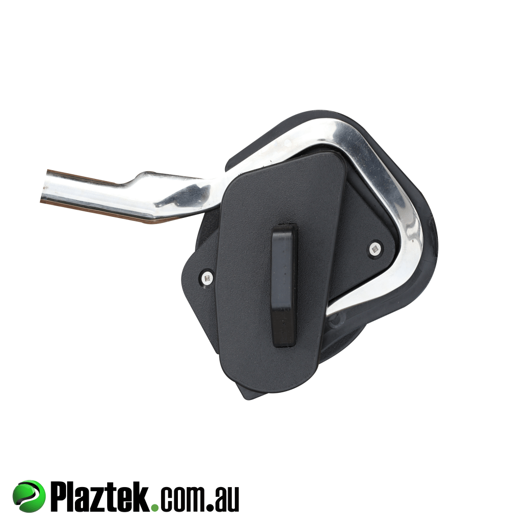 Plaztek 3 inch gaff holder is a safe way to stow your gaff. Showing closed this covers the hook and holds it in place . Made in King StarBoard.