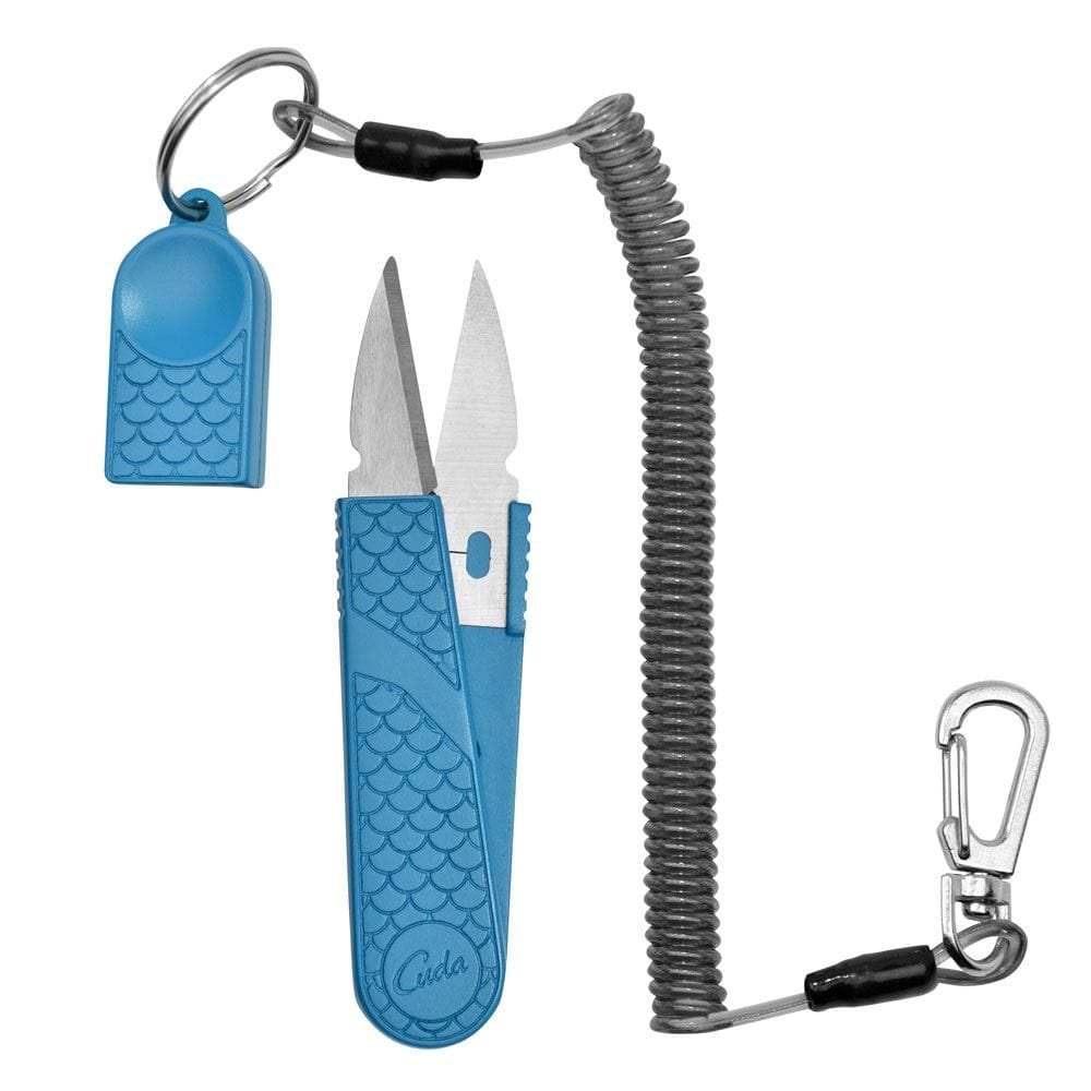 Plaztek Cuda 4 inch braid snips shown in the open position with with the tether attached to the blade cover.  
