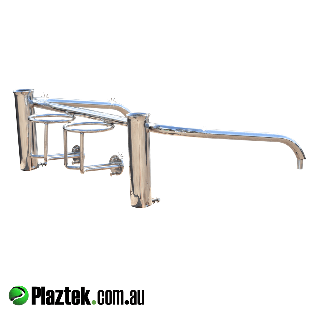 Plaztek SS rod and drink holder showing the back view with the 2 drink holders and 2 rod holders. Made in Australia