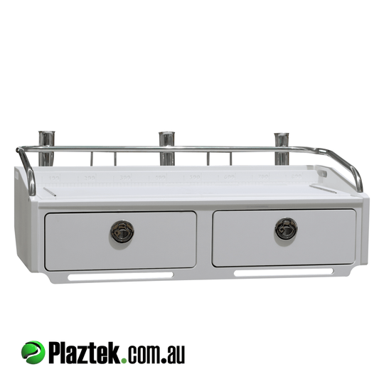 Plaztek 900 bait board is now available with 316 SS rod and drink holders. Shown with 3x rod  and 2x drink holders. Made in Australia