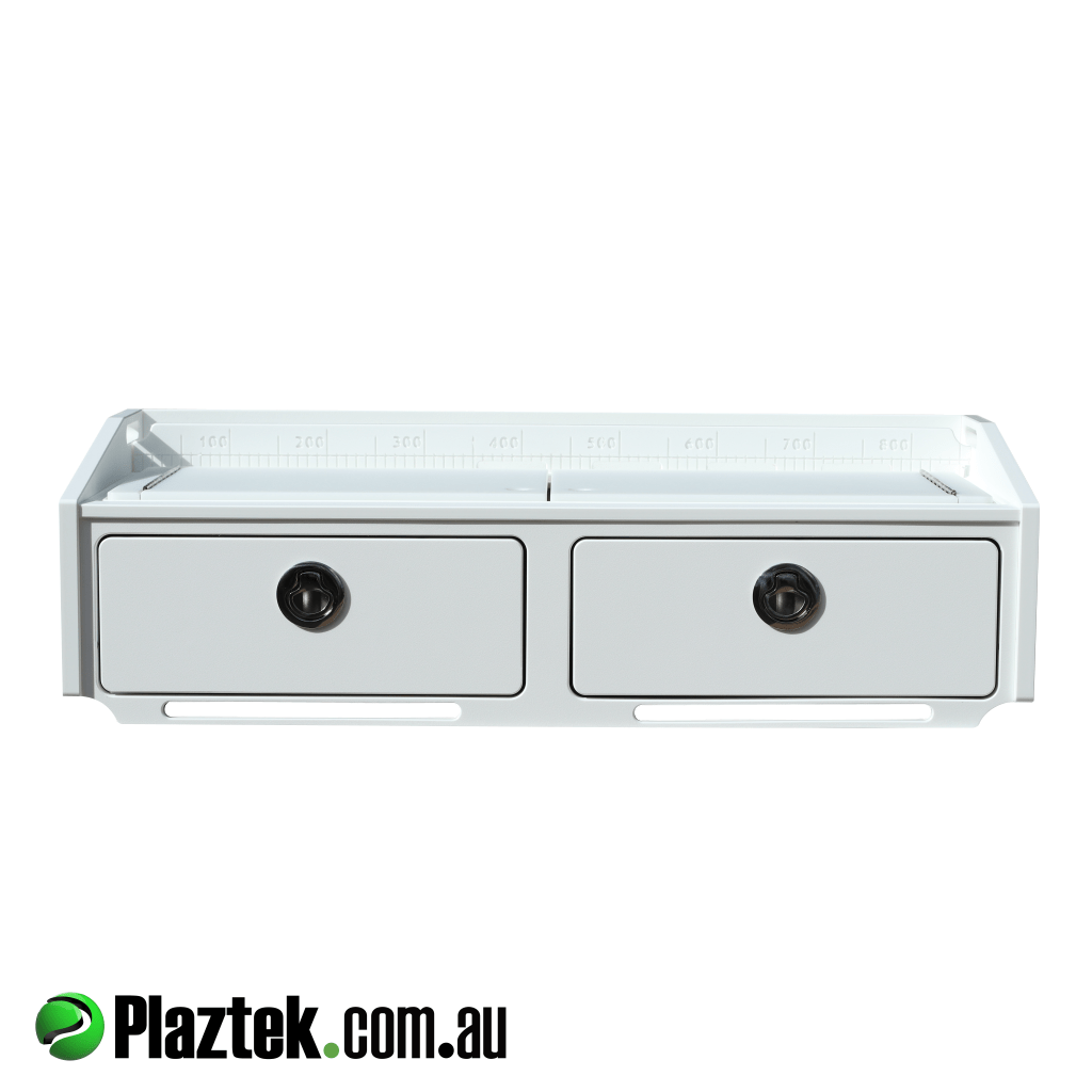 Plaztek-Bait Board 900mm 2 drawer offers a 900mm ruler, bait defrost bin, and two drawers for Tackle Storage. King StarBoard is used and is 100% Made In Australia.