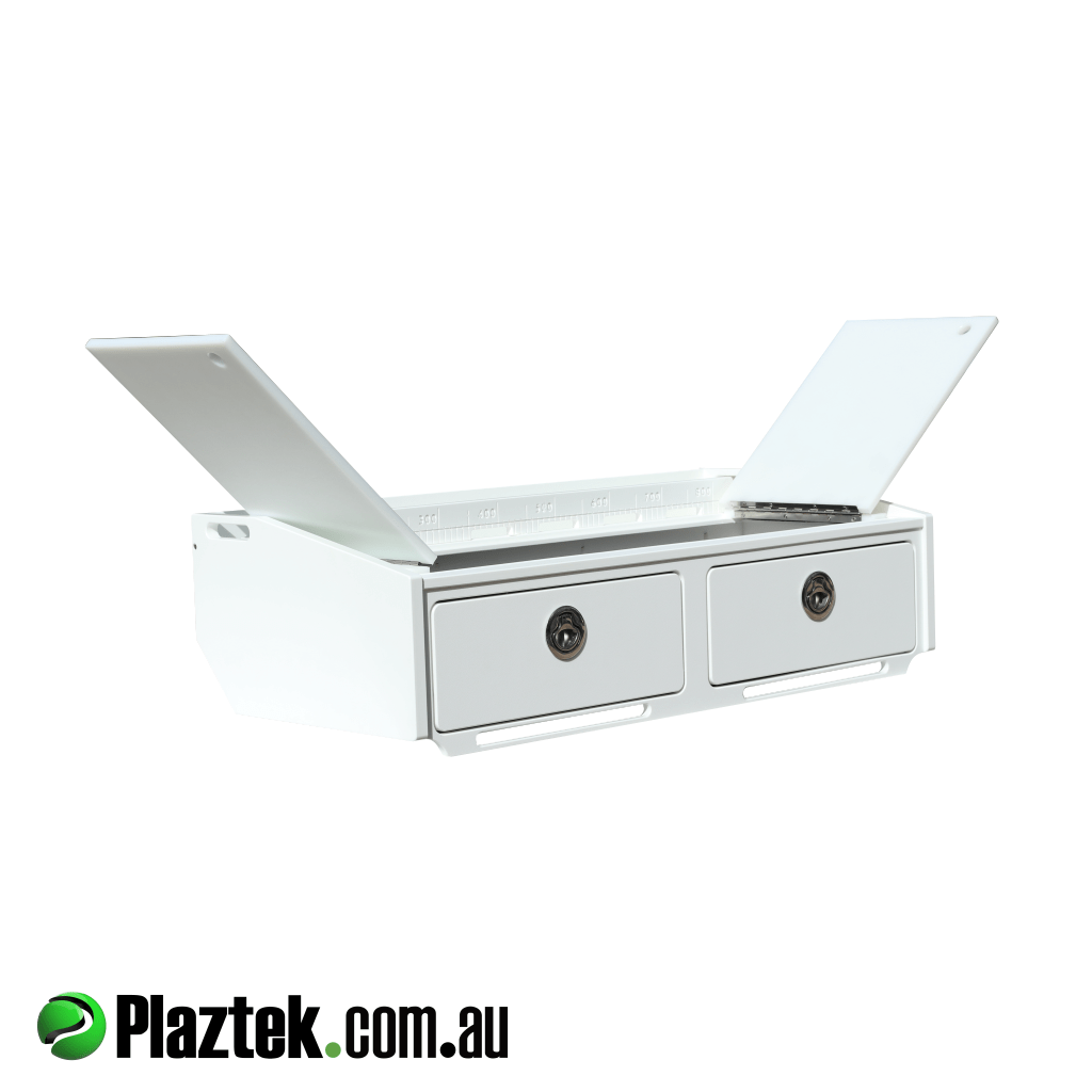 Plaztek-Bait Board 900mm 2 Drawer. 832 x 422mm cutting board opens up to a bait defrost bin. Made In Australia from White King StarBoard.