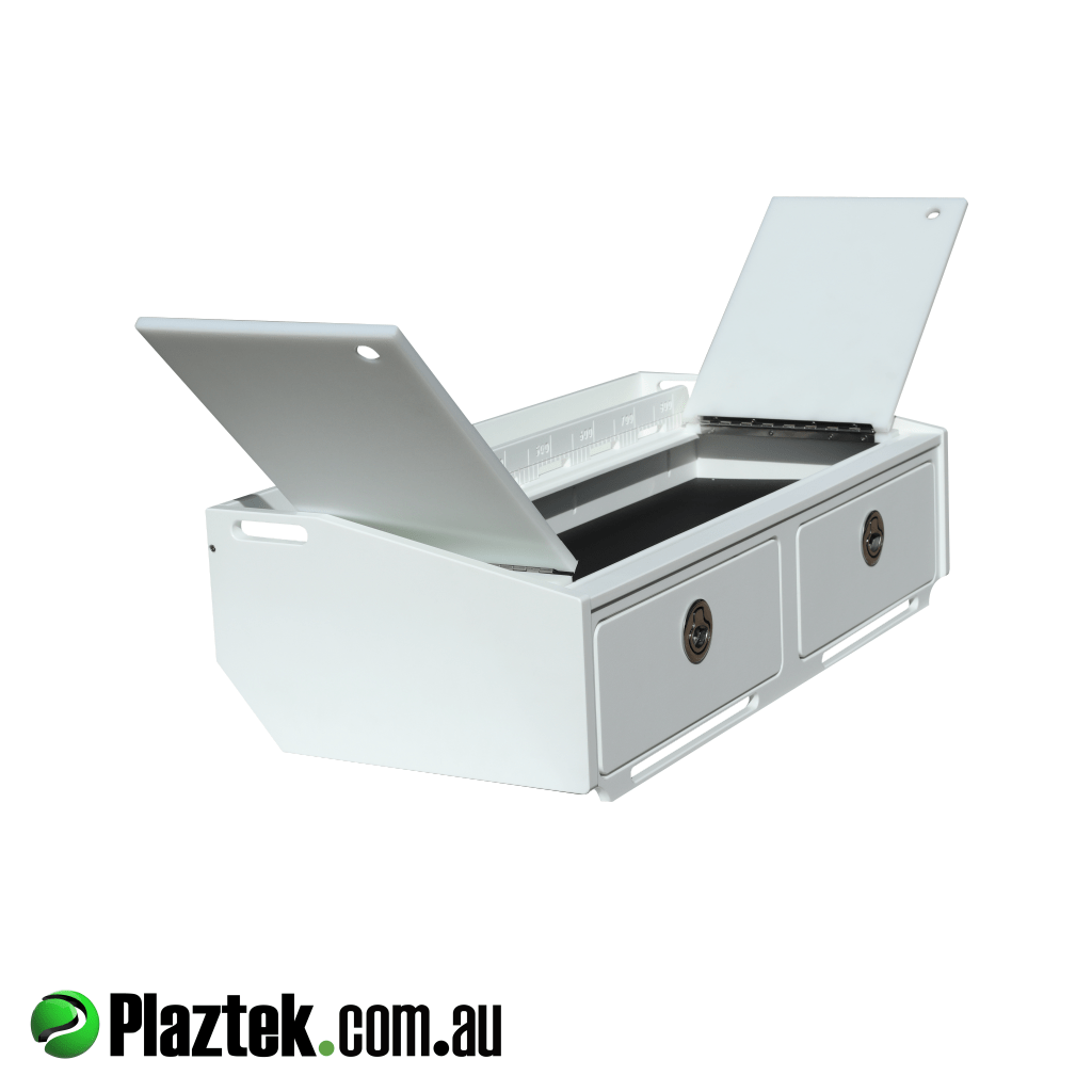 Bait Board 900mm 2 Drawer shown with the cutting board open to access the defrost bin. Plaztek Bait Boards are All Made In Australia. 