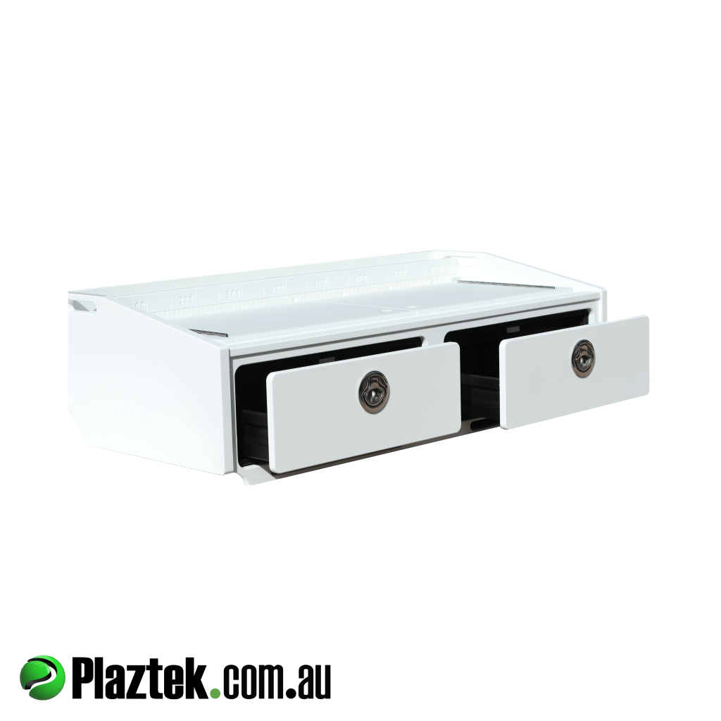Bait Board 900mm 2 Drawer shown with the maintenance free drawer slides designed by Plaztek. All Made In Australia. 
