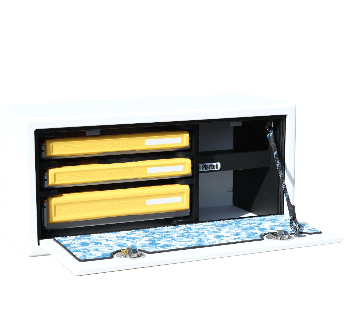 Plaztek Bait Board Storage, holds Plano fishing tackle  in 3700 series , 1x deep tray and 2x std edge tackle trays , made as a stand alone  product which is fully sealed to keep the water out, made from King Starboard in white colour
