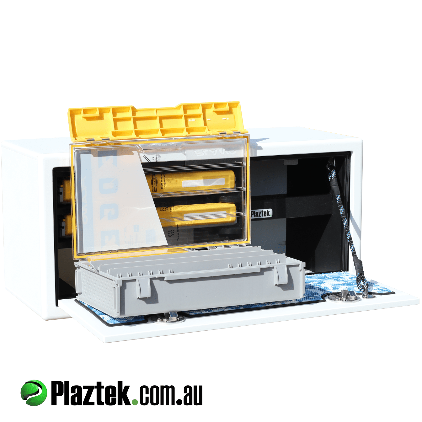 Stand alone fishing tackle cabinet for your boat, holds Plano fishing tackle trays 1x deep and 2x std in 3700 series, Australian made product from king Starboard material