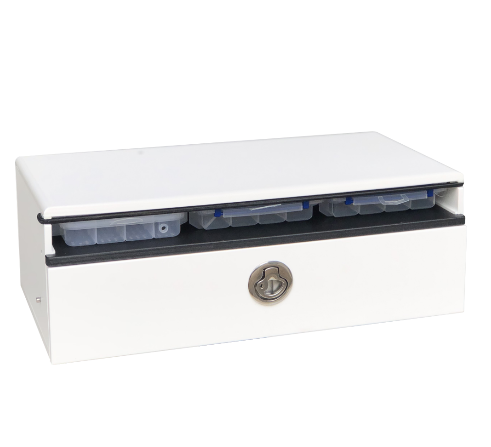Plaztek Bait Board under Storage, combines a tackle drawer and tackle trays as one, can be mounted under existing bait board between legs, fits Relaxn bait boards
