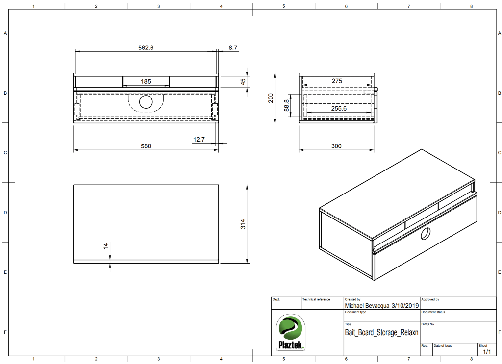 CAD drawing showing the measurements. Made in Australia.