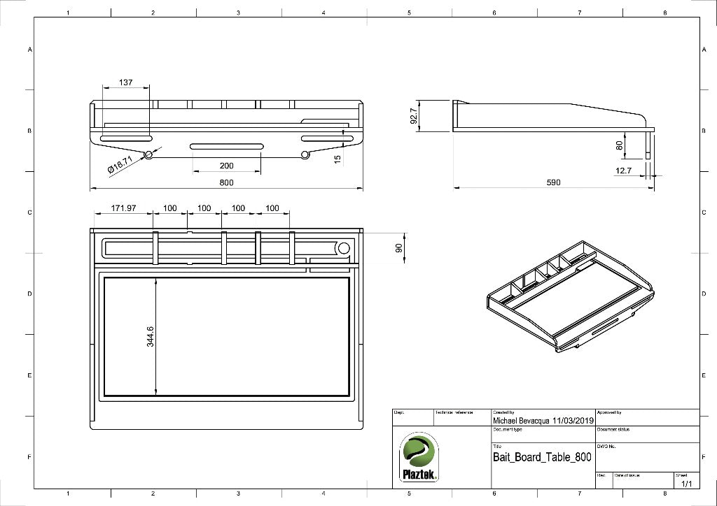 Plaztek CAD drawing of the bait board table with the measurements on it. Made and designed in Australia.