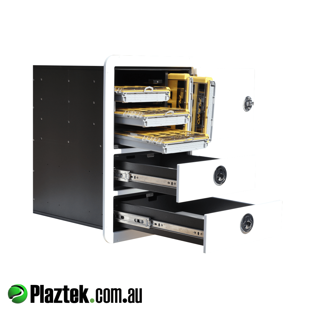 Plaztek custom made tackle cabinet shown with Plano Edge tackle trays. Mad from white/white King Starboard