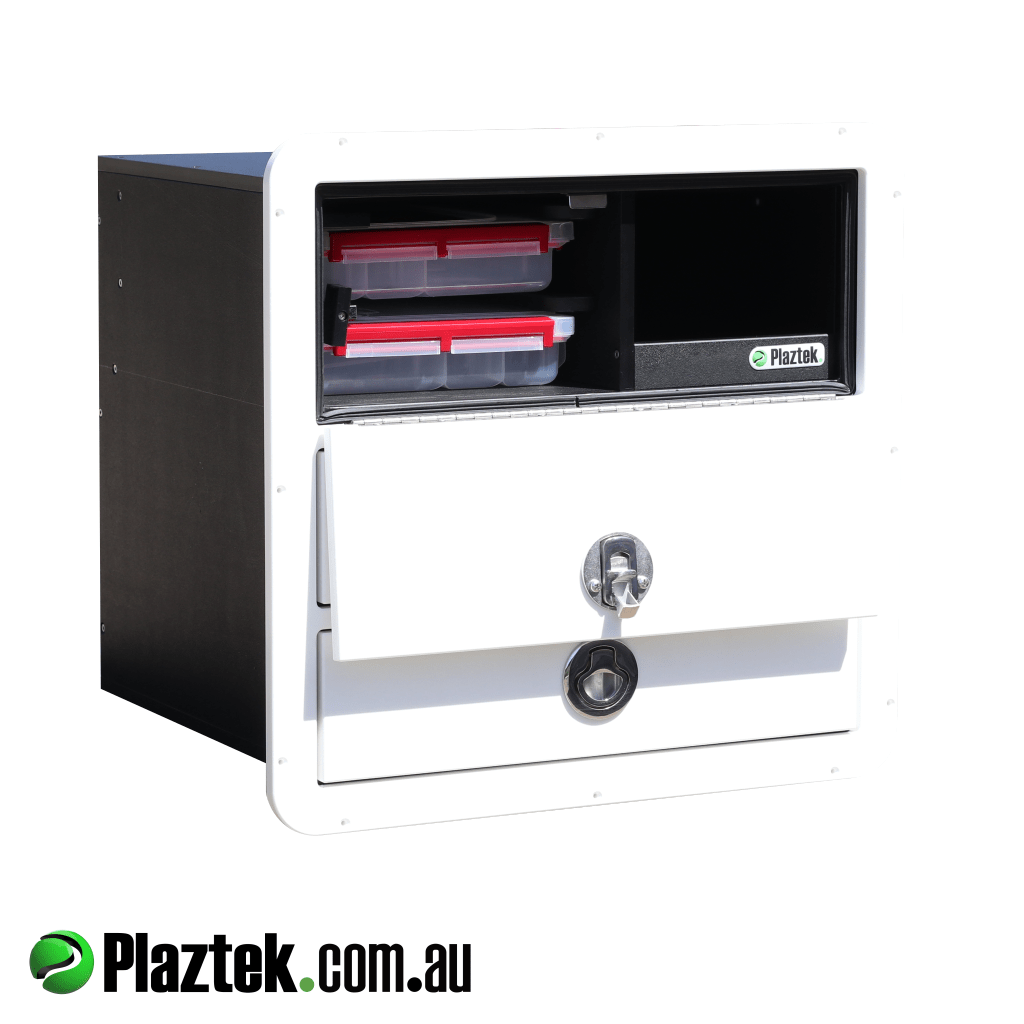 Plaztek storage combo with 2 drawers and top landing shelf. Combo will hold 2 Plano 3700 series trays and has a landing shelf to the side for more storage options. Made with King StarBoard.